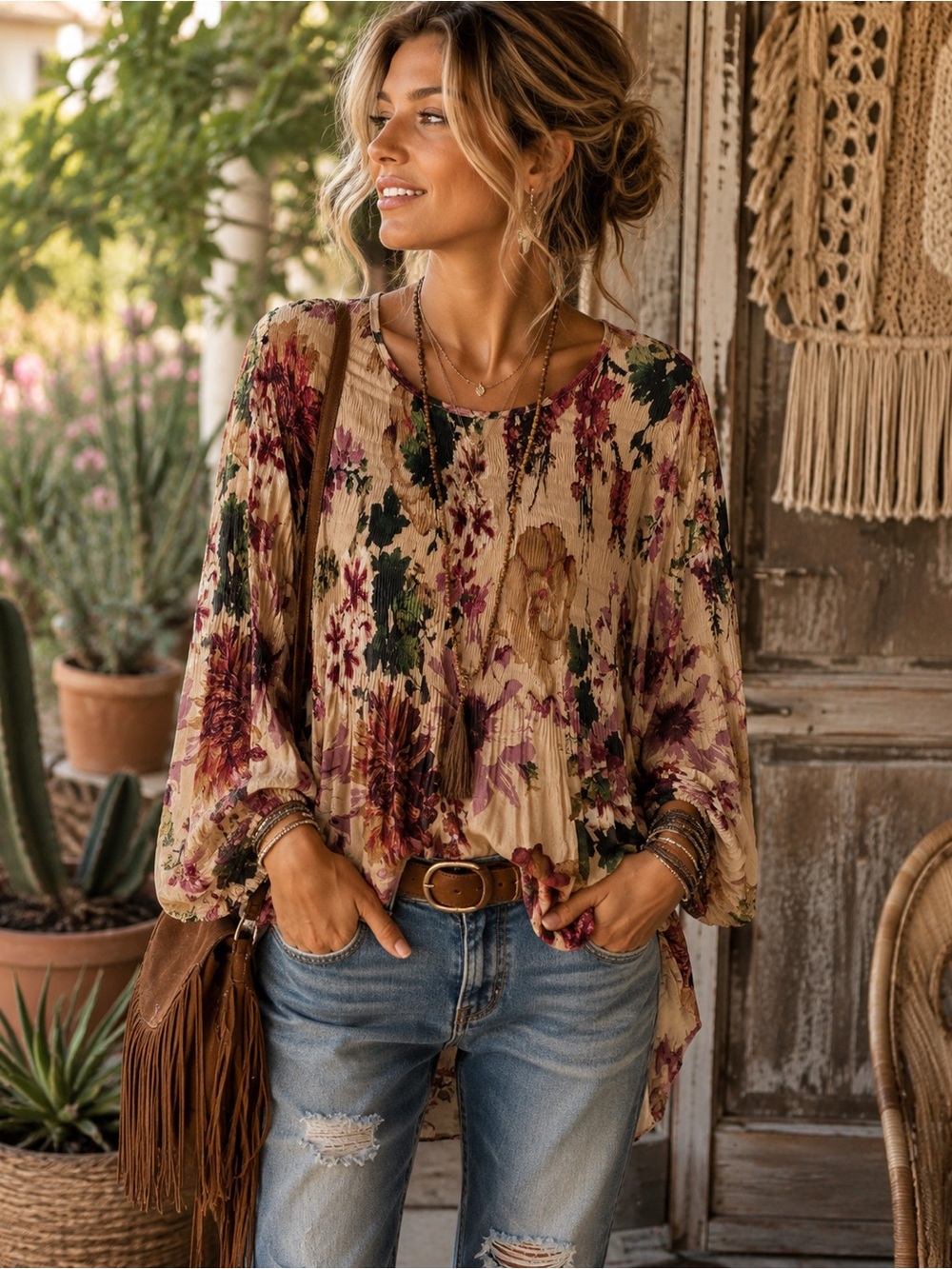 Allison Taylor Beige Floral Pleated Tunic with Pink and Green Accents